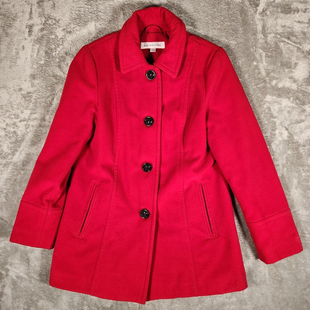 Liz Claiborne Peacoat Womens Large Red Button Front Long Sleeve EUC